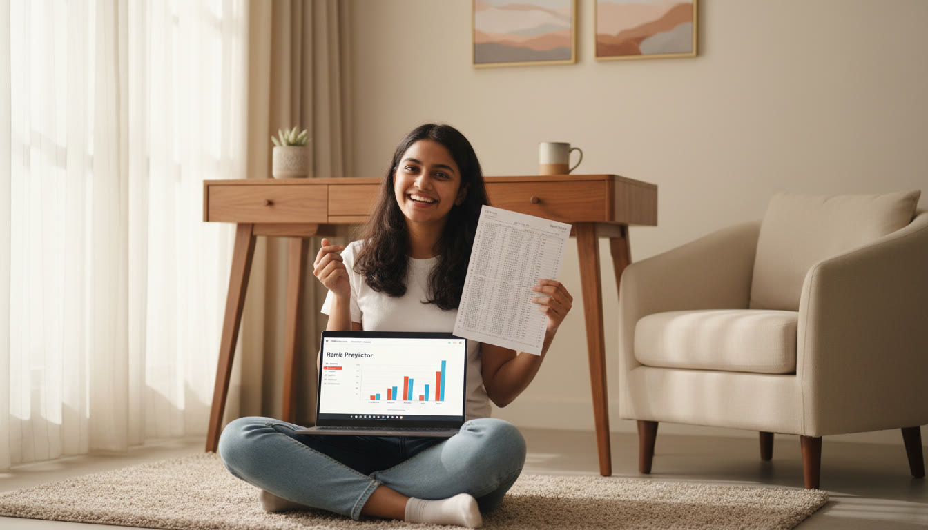 Photo Idea : Student with a laptop displaying a rank predictor dashboard while holding an OMR sheet