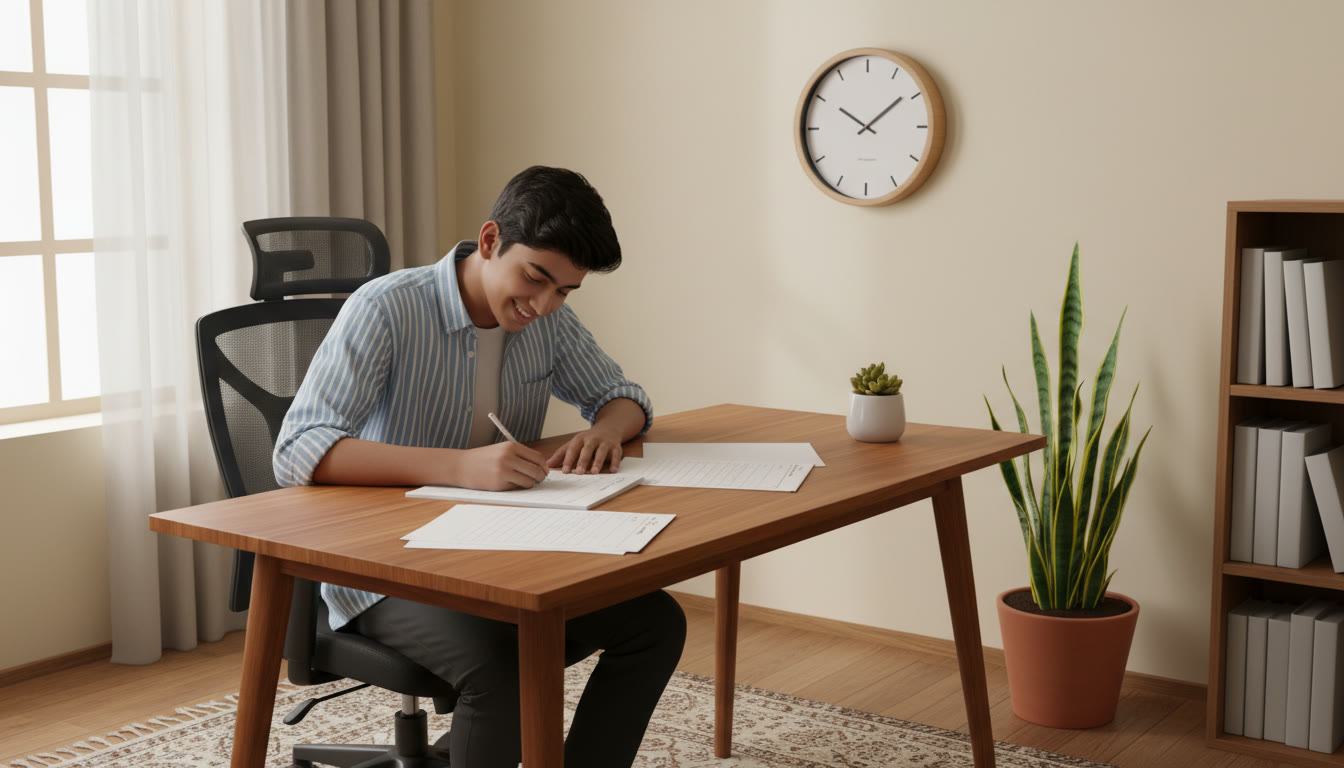 Photo Idea : Student writing a timed mock exam in a quiet desk space with a clock visible
