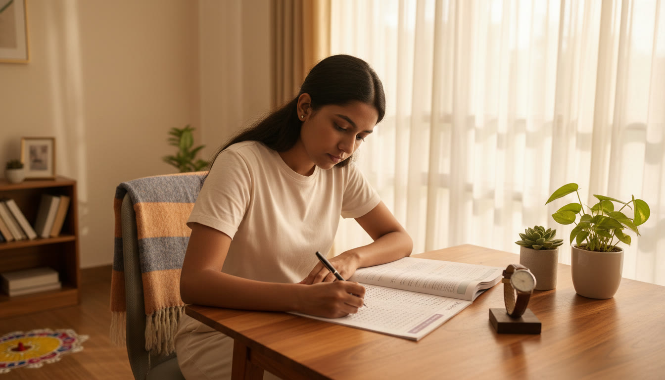 Photo Idea : student taking a timed mock test with an OMR sheet, watch on the desk, and a focused expression