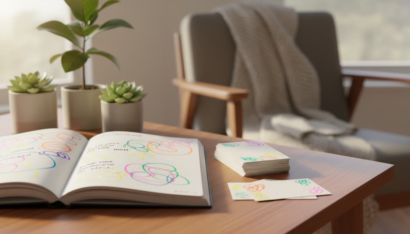 Photo Idea : Close-up of a handwritten error log with colorful highlights and a stack of flashcards
