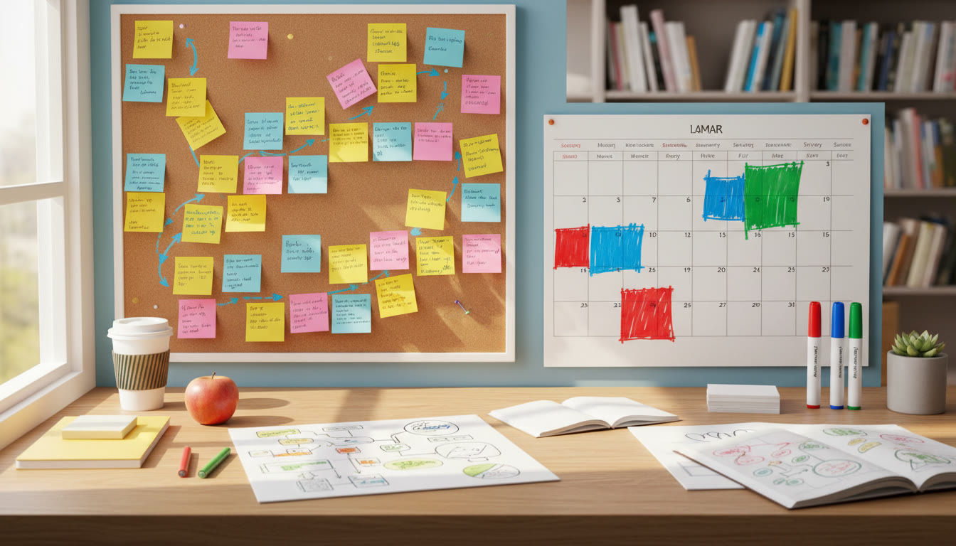 Photo Idea : A timeline on sticky notes and a calendar with colored markers labeled "CAS", "Essay", "Interviews"