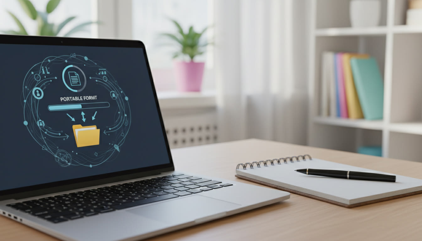 Photo Idea : Close-up of a laptop screen showing a document being exported to PDF, with a notepad and a pen nearby
