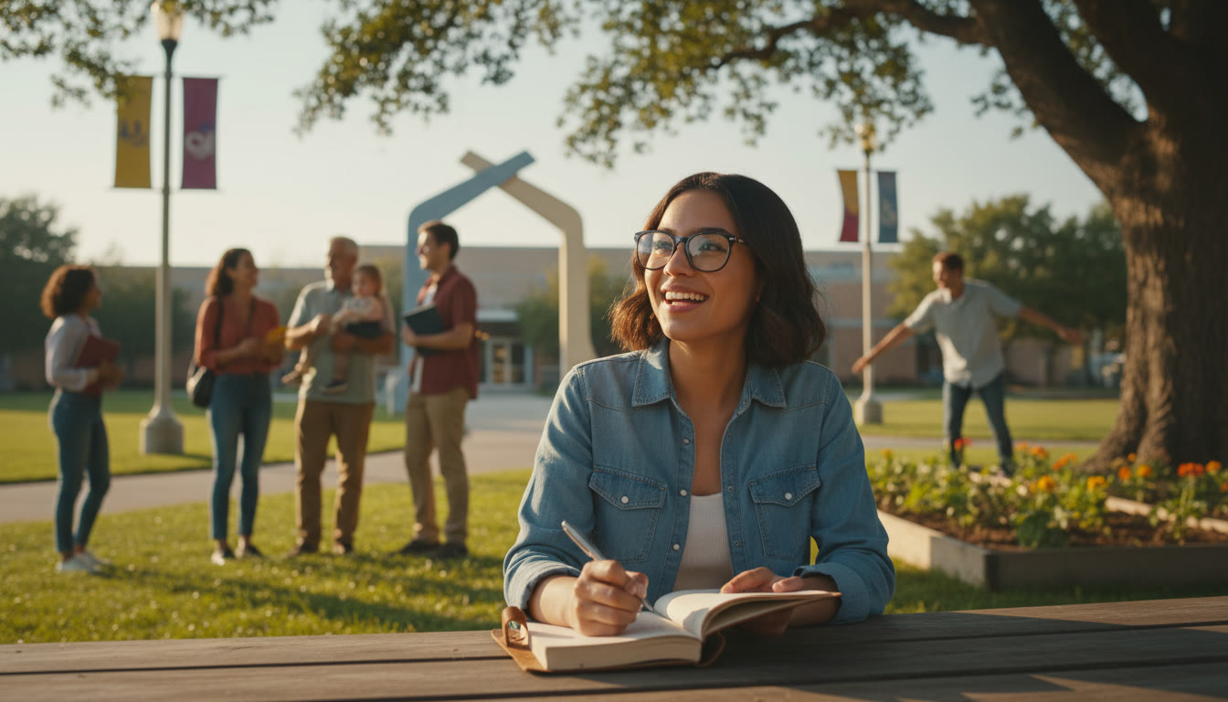 Photo Idea : A student writing a reflective entry in a notebook with community members in the background