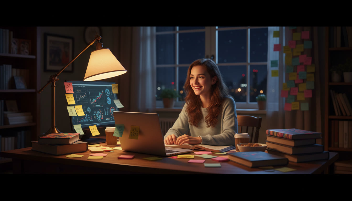 Photo Idea : Student at a desk late at night surrounded by IB textbooks, laptop open, sticky notes, and a warm desk lamp.