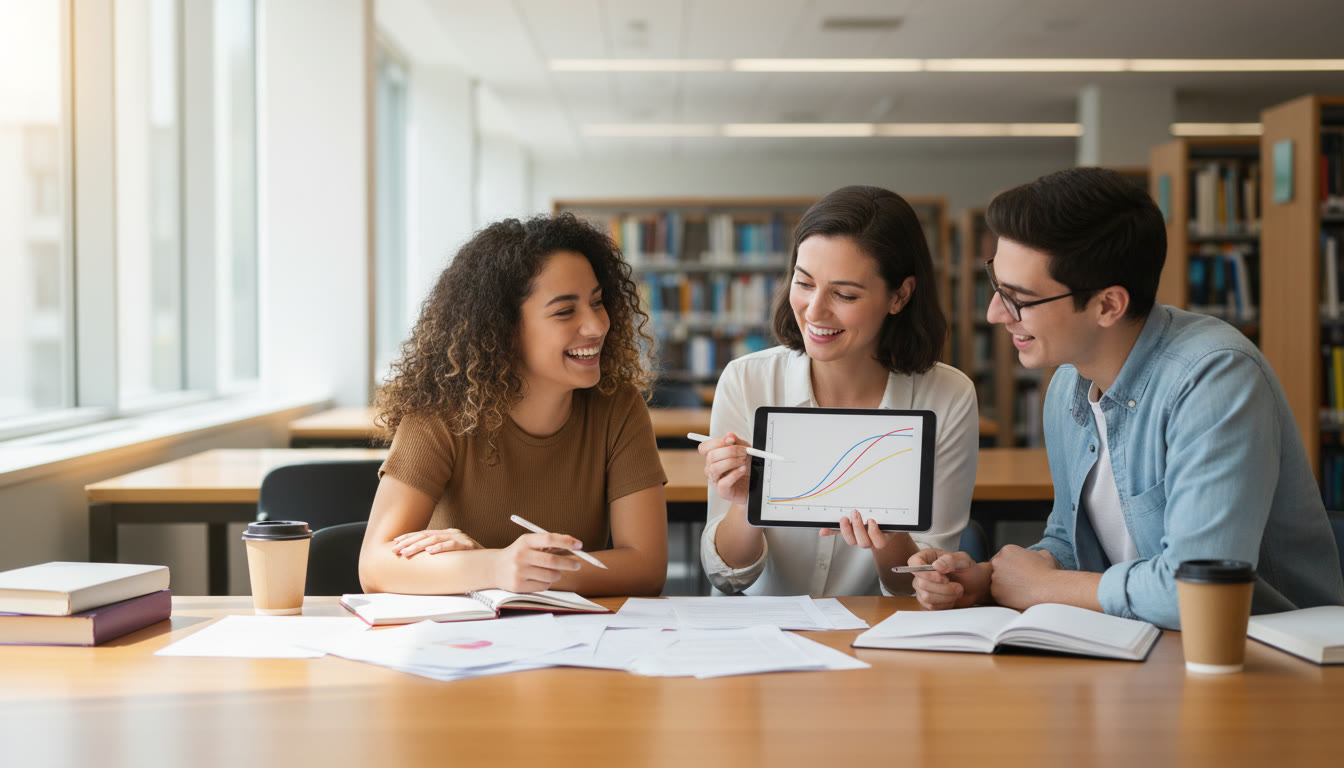 Photo Idea : Two students in a library comparing notes and a tutor explaining a graph on a tablet
