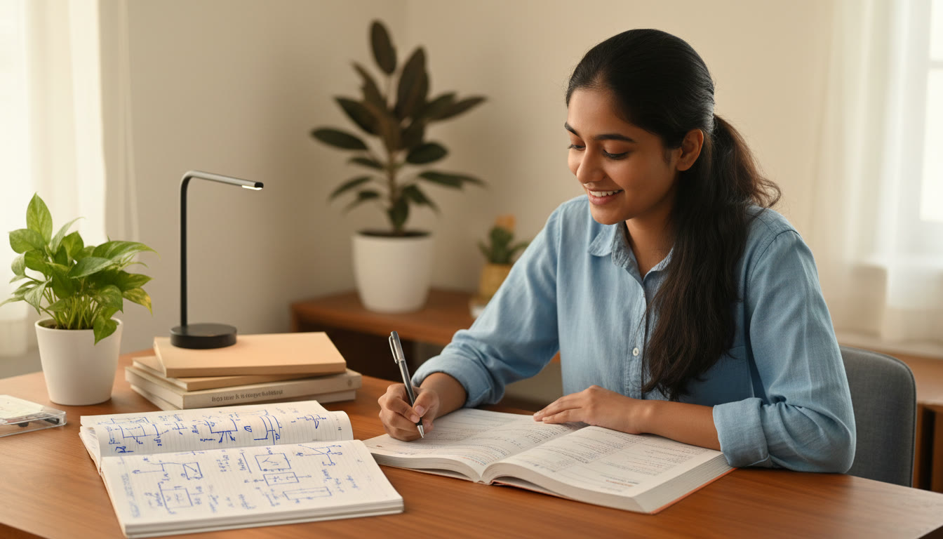 Photo Idea : A focused student solving physics problems at a desk with textbooks and a notebook full of diagrams and formulas
