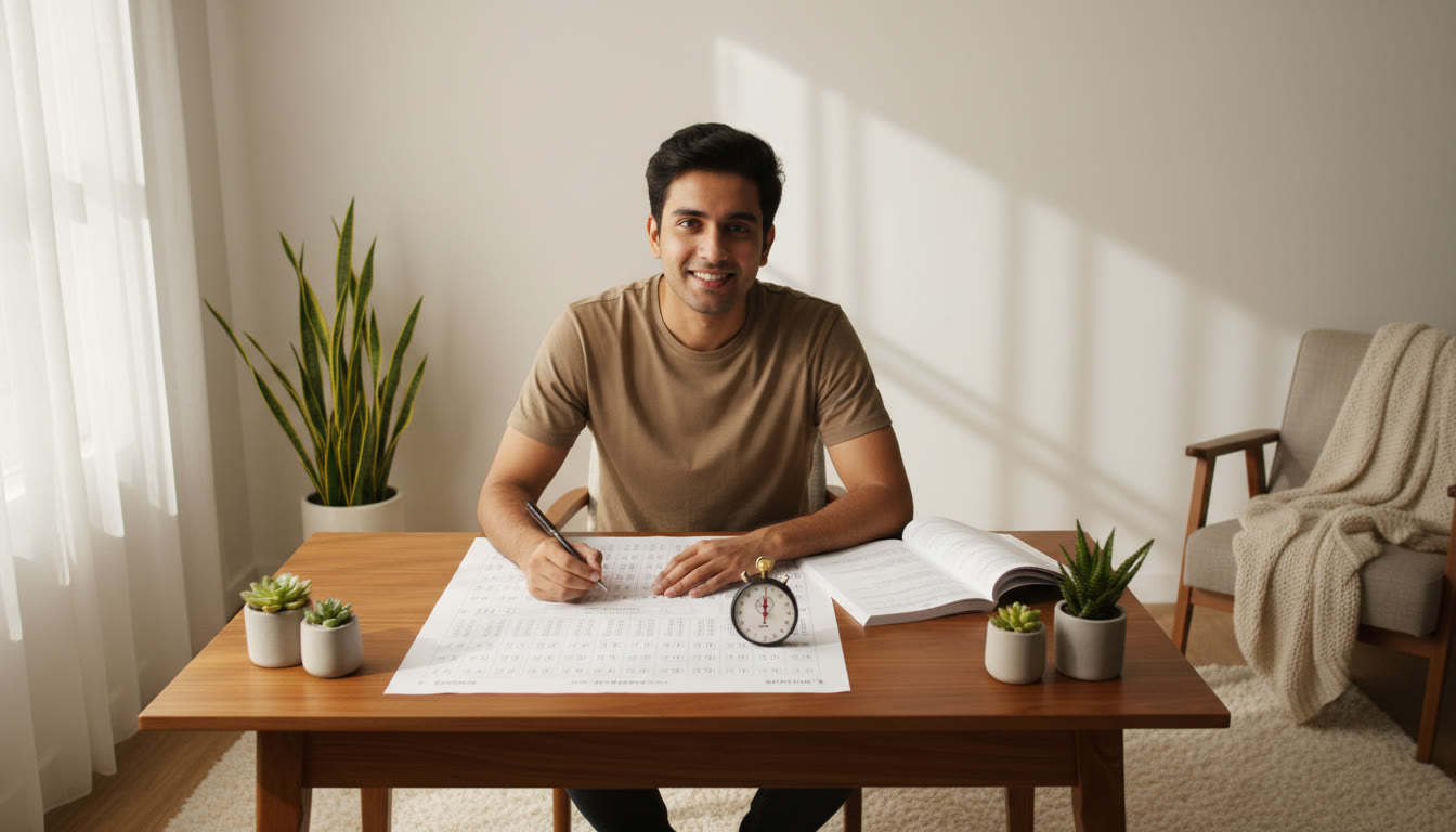 Photo Idea : Student practicing full-length mock test with an OMR sheet and stopwatch