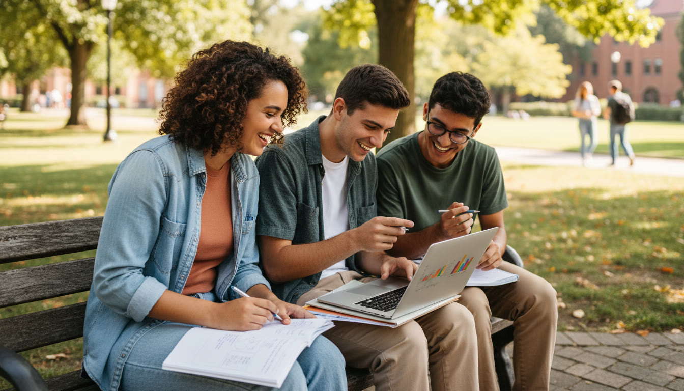 Photo Idea : A small group of young people sitting on a park bench smiling and studying together with notebooks and a laptop
