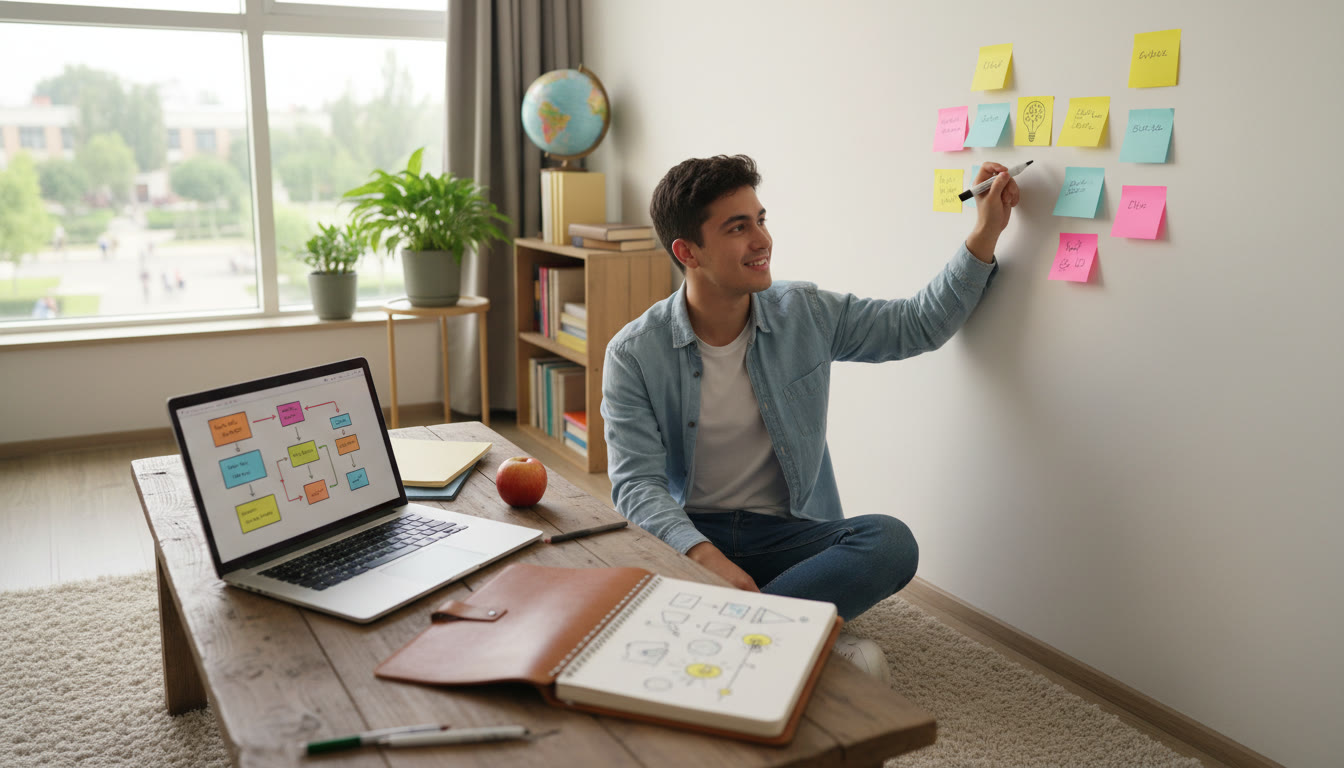 Photo Idea : A student sketching ideas on sticky notes pinned to a wall, surrounded by a laptop and a notebook