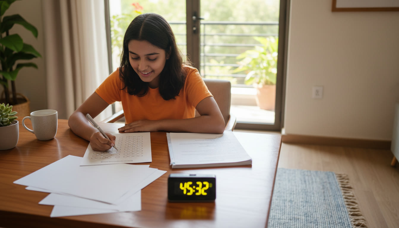 Photo Idea : Student taking a timed mock test at a desk with a visible stopwatch and answer sheets neatly organized