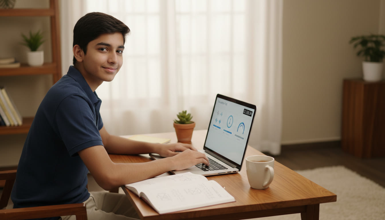 Photo Idea : A focused student sitting at a clean desk doing a timed full-length mock test on a laptop with a visible countdown timer