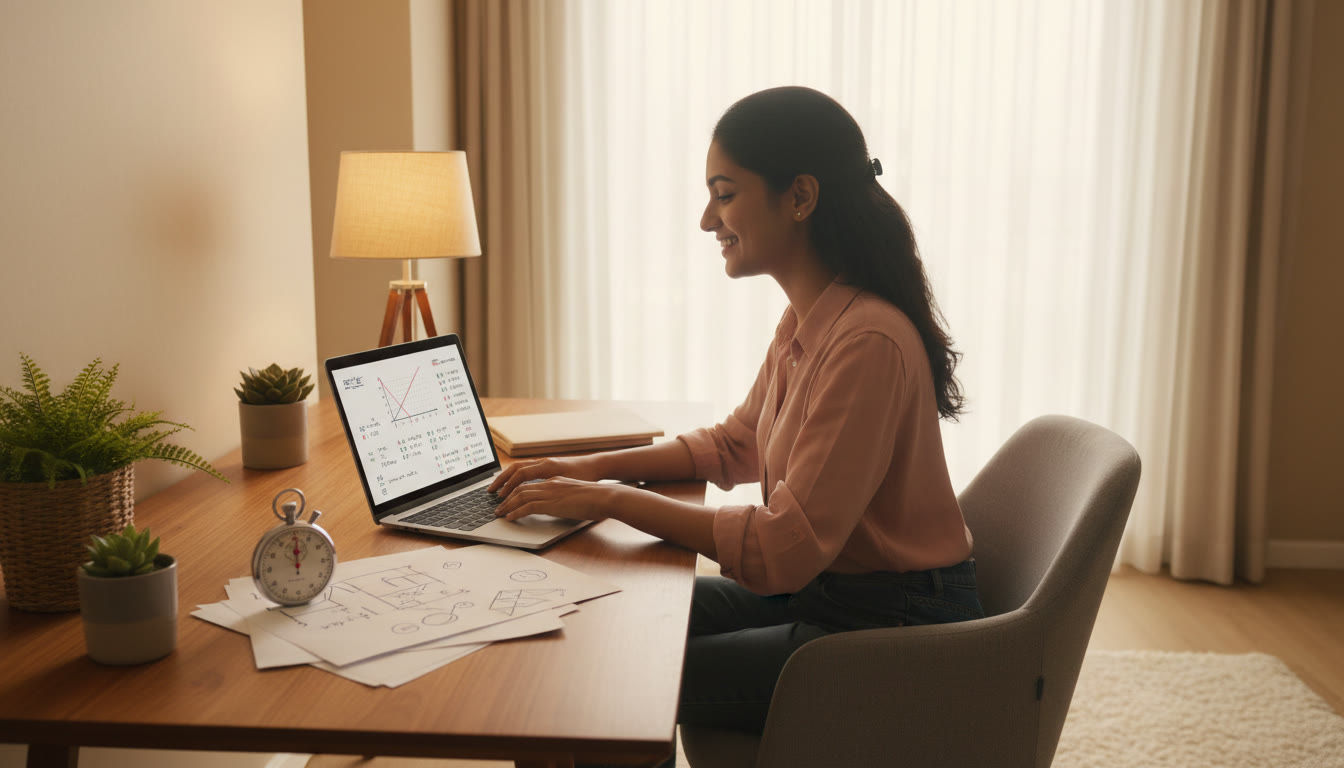 Photo Idea : Student solving a full-length mock test on a laptop with a stopwatch and scratch paper beside them