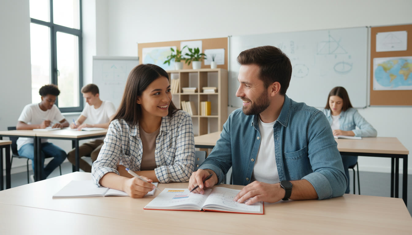 Photo Idea : student and teacher chatting over a notebook in a bright classroom