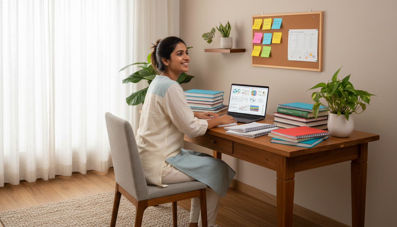 Photo Idea : A focused student at a tidy desk with color-coded notes, a laptop, and NEET study materials