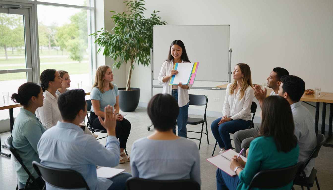 Photo Idea : Student presenting a policy brief at a community meeting with engaged listeners