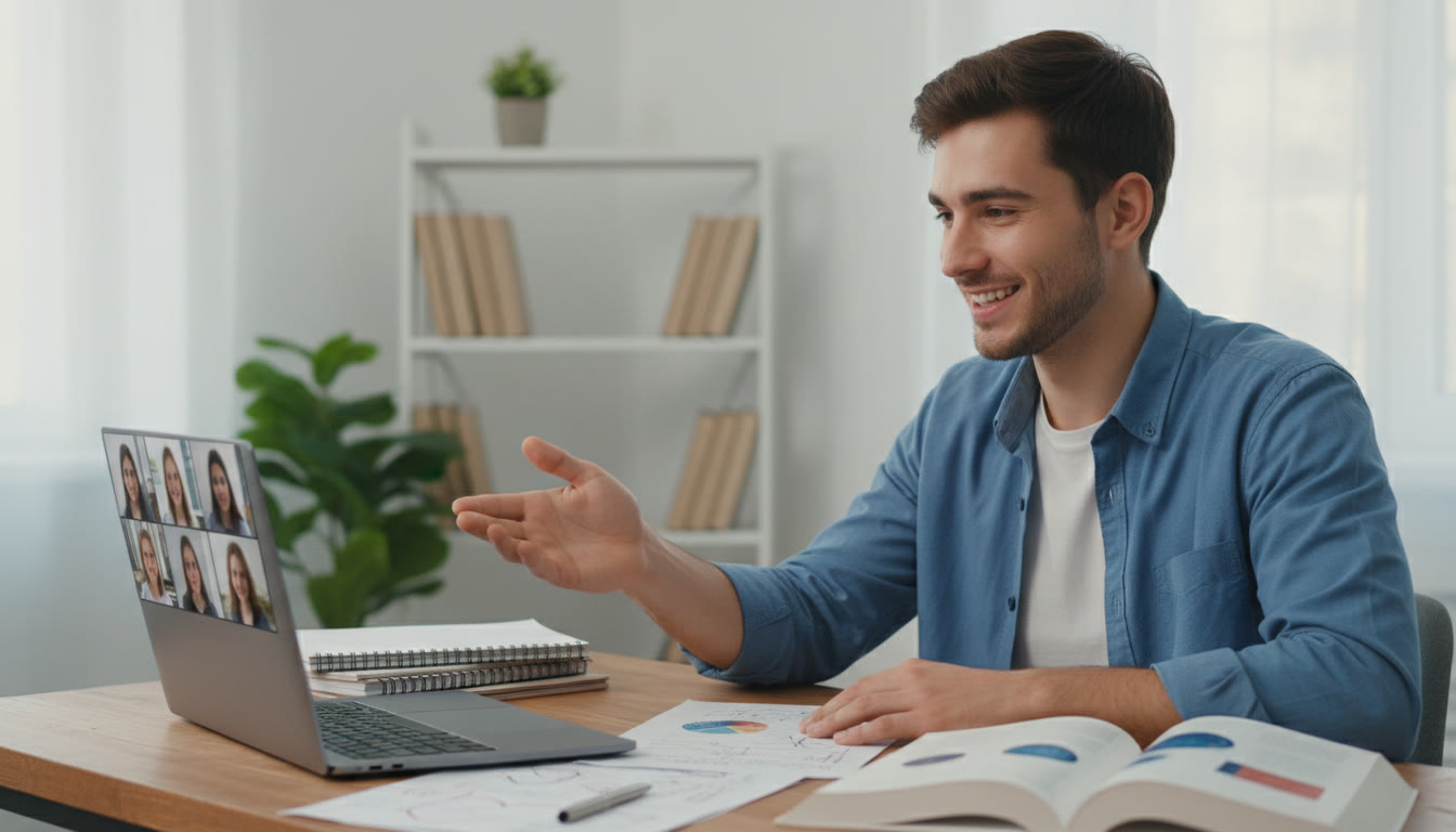 Photo Idea : A confident IB student speaking in a virtual interview, notes and a laptop visible on the desk