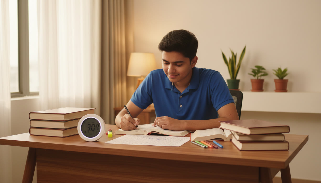 Photo Idea : A focused student at a desk with NEET books, a timer, and a mock OMR sheet