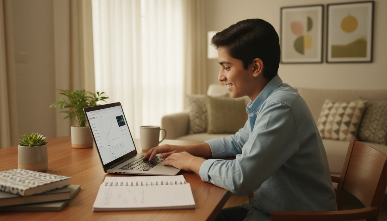 Photo Idea : Student taking a timed mock test on a laptop with a printed notebook of previous year questions beside them