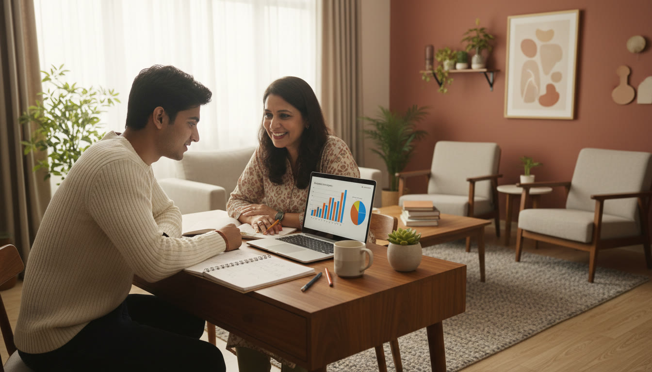 Photo Idea : A student analyzing mock test results with a tutor and a laptop showing performance charts
