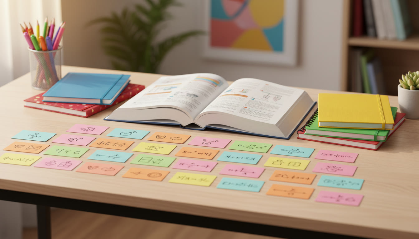 Photo Idea : close-up of a student’s study desk with colorful notebooks, a language textbook open, and flashcards spread out