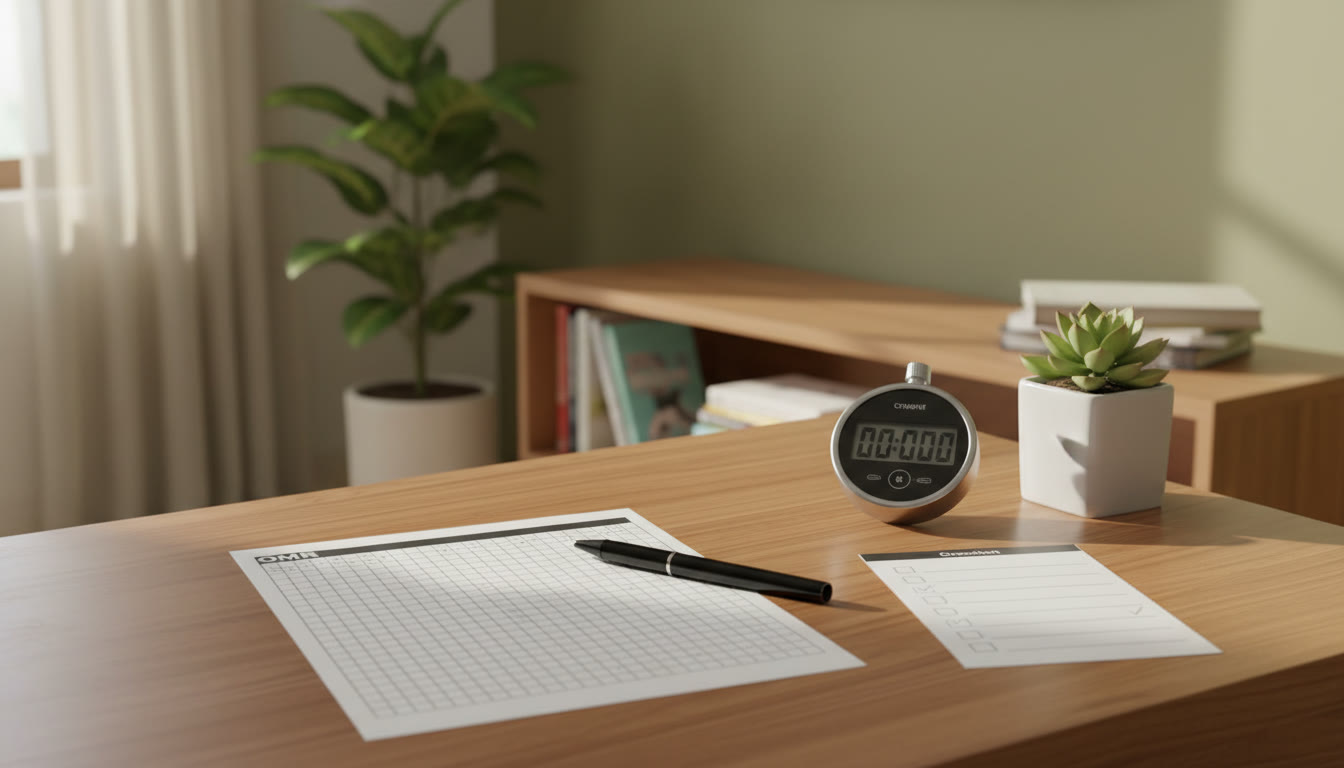 Photo Idea : tidy desk with a mock OMR sheet, black pen, stopwatch, and a small checklist