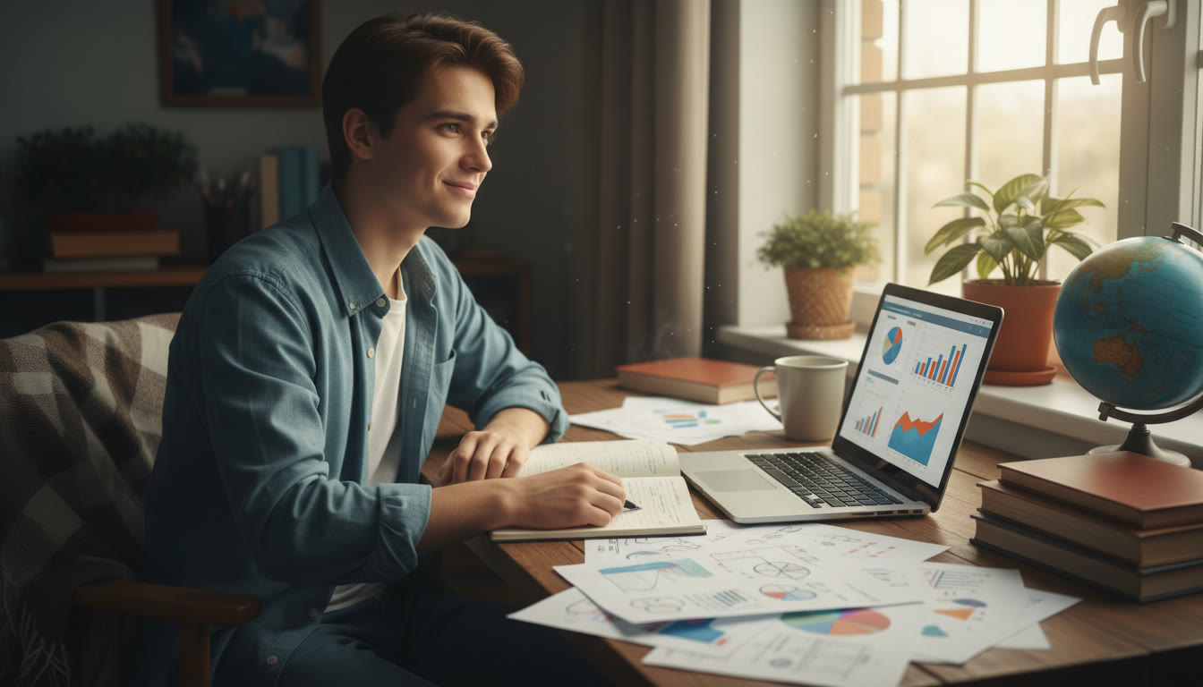 Photo Idea : Student at a desk with a notebook, laptop, and scattered research notes, looking thoughtful