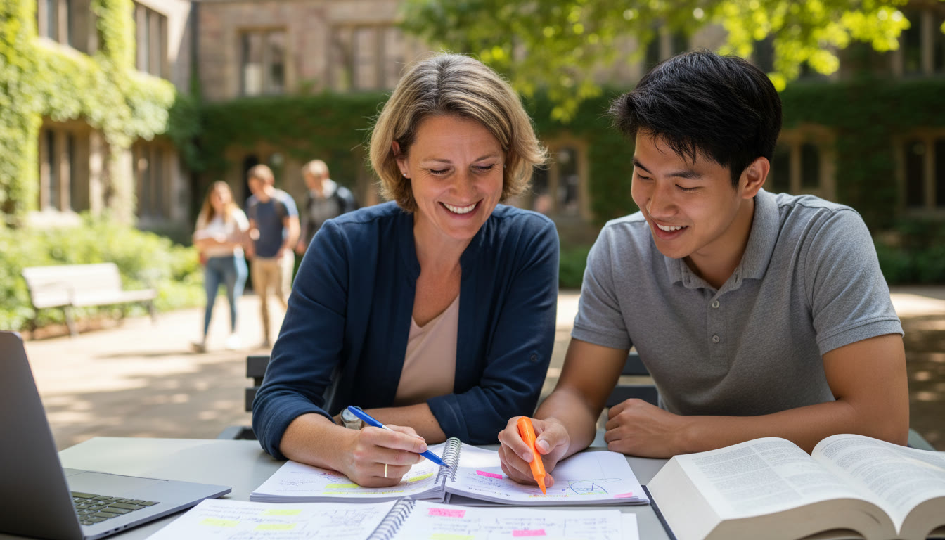 Photo Idea : a supervisor and student discussing a draft over printed pages with notes and highlighters