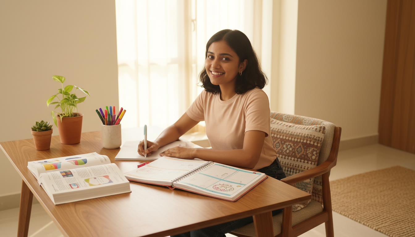 Photo Idea : A student at a desk with a neatly written weekly planner, colored pens, and an open textbook.