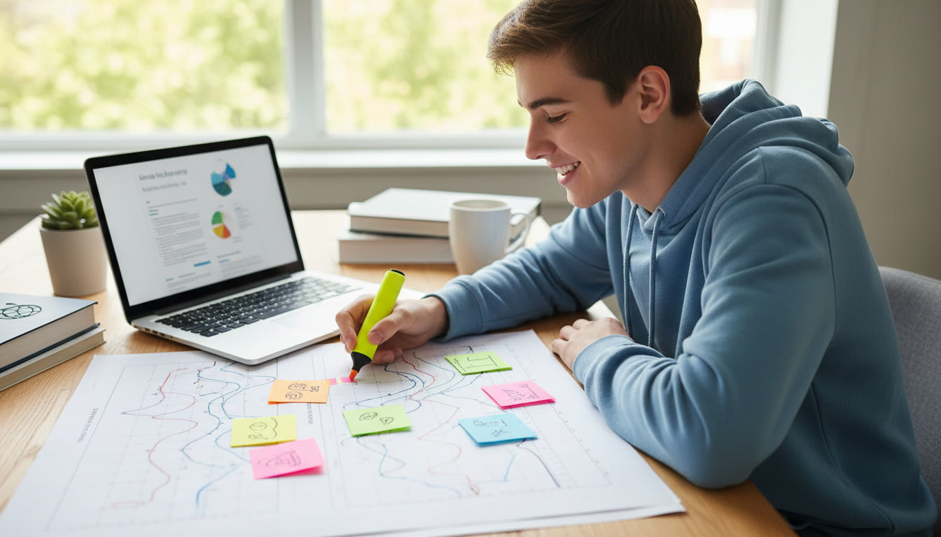 Photo Idea : A student annotating a printed graph with colorful sticky notes and a laptop open to a draft