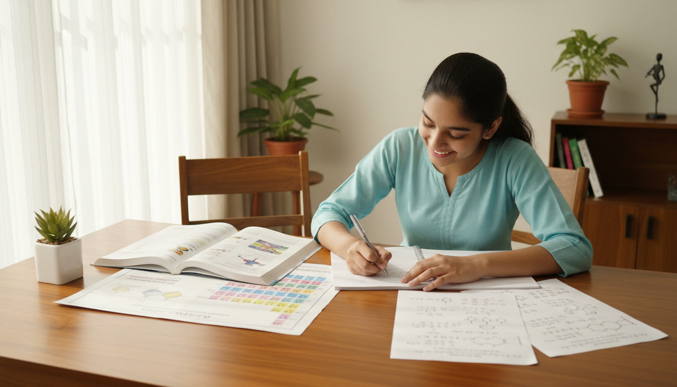 Photo Idea : a student writing neatly at a desk with a chemistry textbook, a periodic table, and formula-filled notes spread out