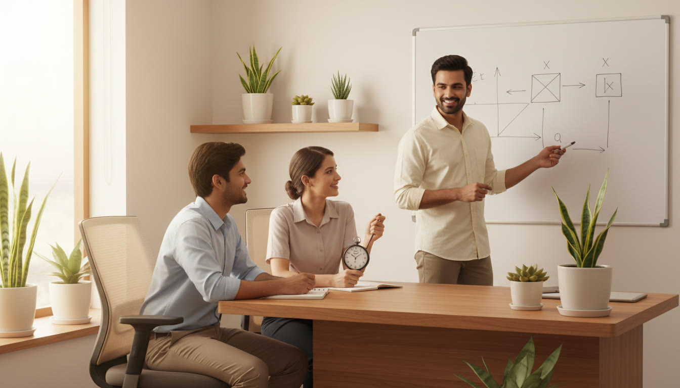 Photo Idea : A small group discussion with a tutor explaining a problem on a whiteboard while a student times the session