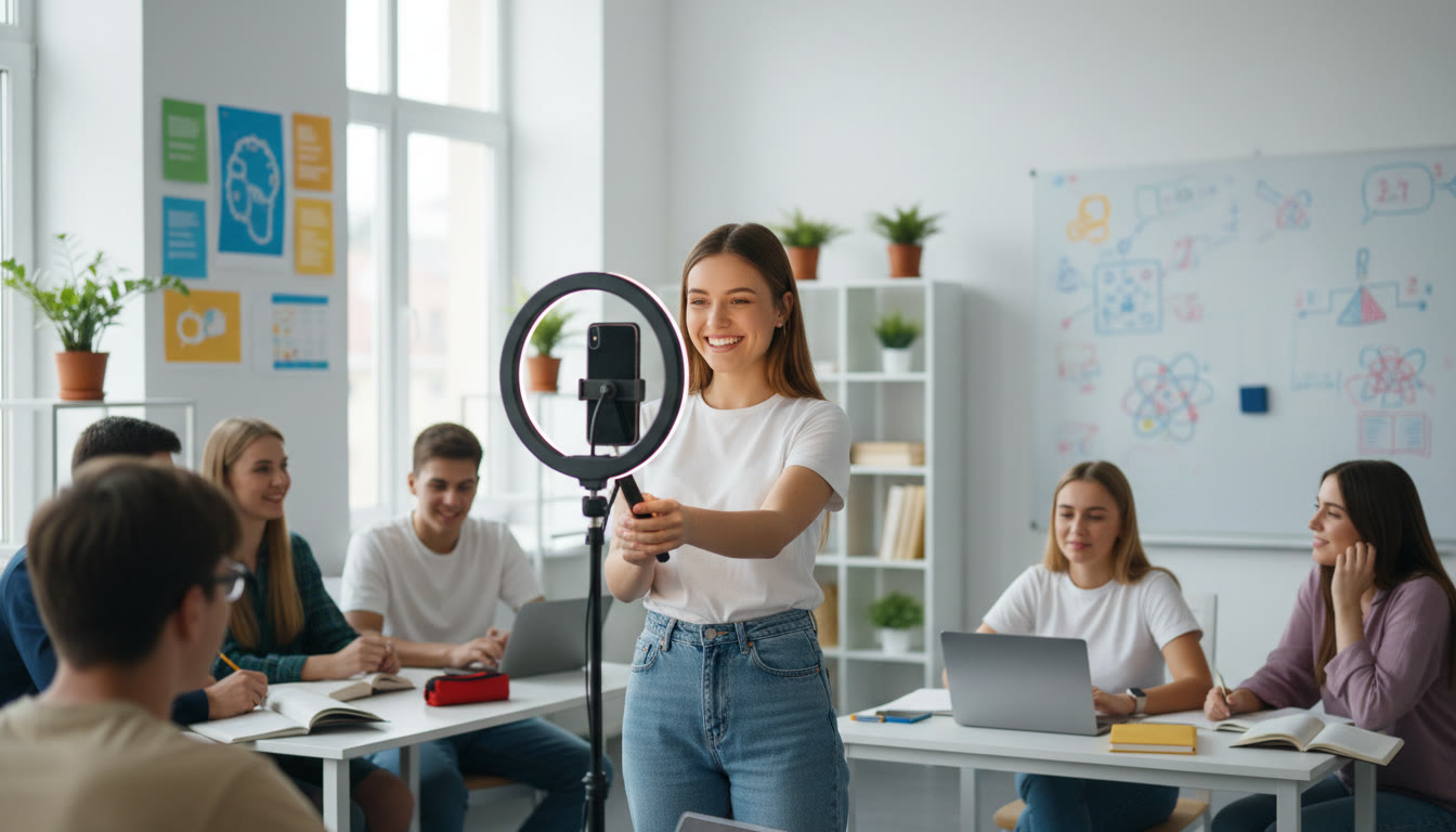 Photo Idea : Student filming a short educational video with a smartphone on a tripod and a ring light