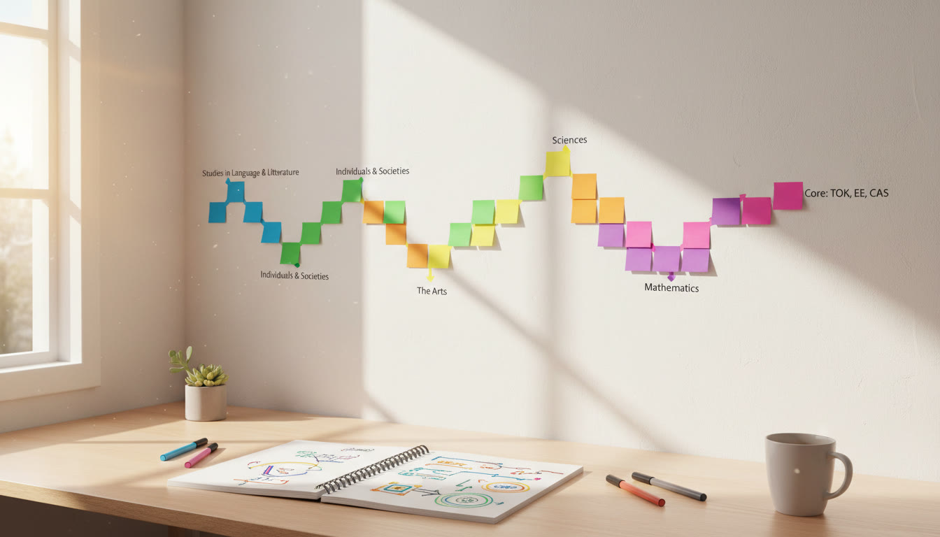 Photo Idea : a bedroom wall with color-coded sticky-note timeline and an open notebook