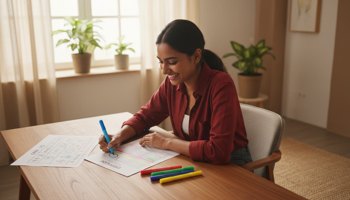 Photo Idea : A student reviewing a test printout with colored markers and a clear error log on the side.