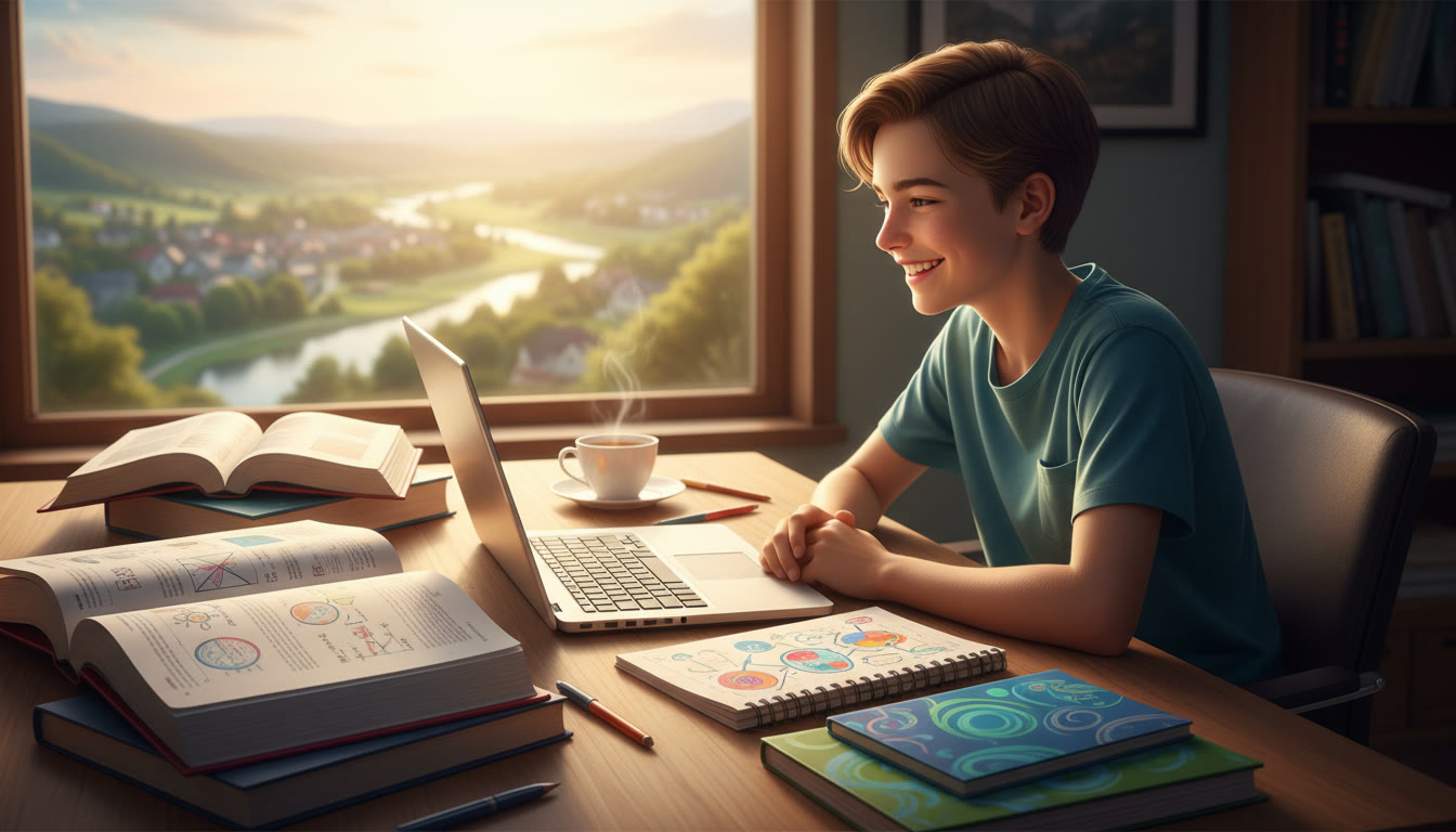 Photo Idea : student at desk with open IB textbooks and laptop, notebooks labeled HL subjects