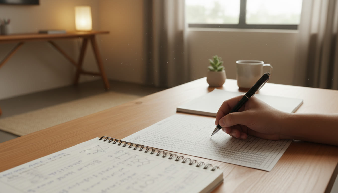 Photo Idea : close-up of a hand ticking answers on an OMR sheet beside neatly organized error-log notes