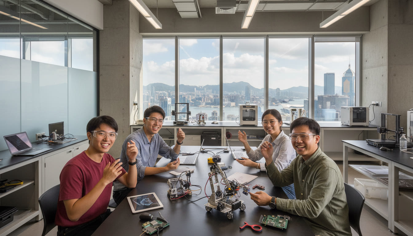 Photo Idea : Students collaborating on an engineering project in a modern Hong Kong campus lab with the city skyline visible through large windows