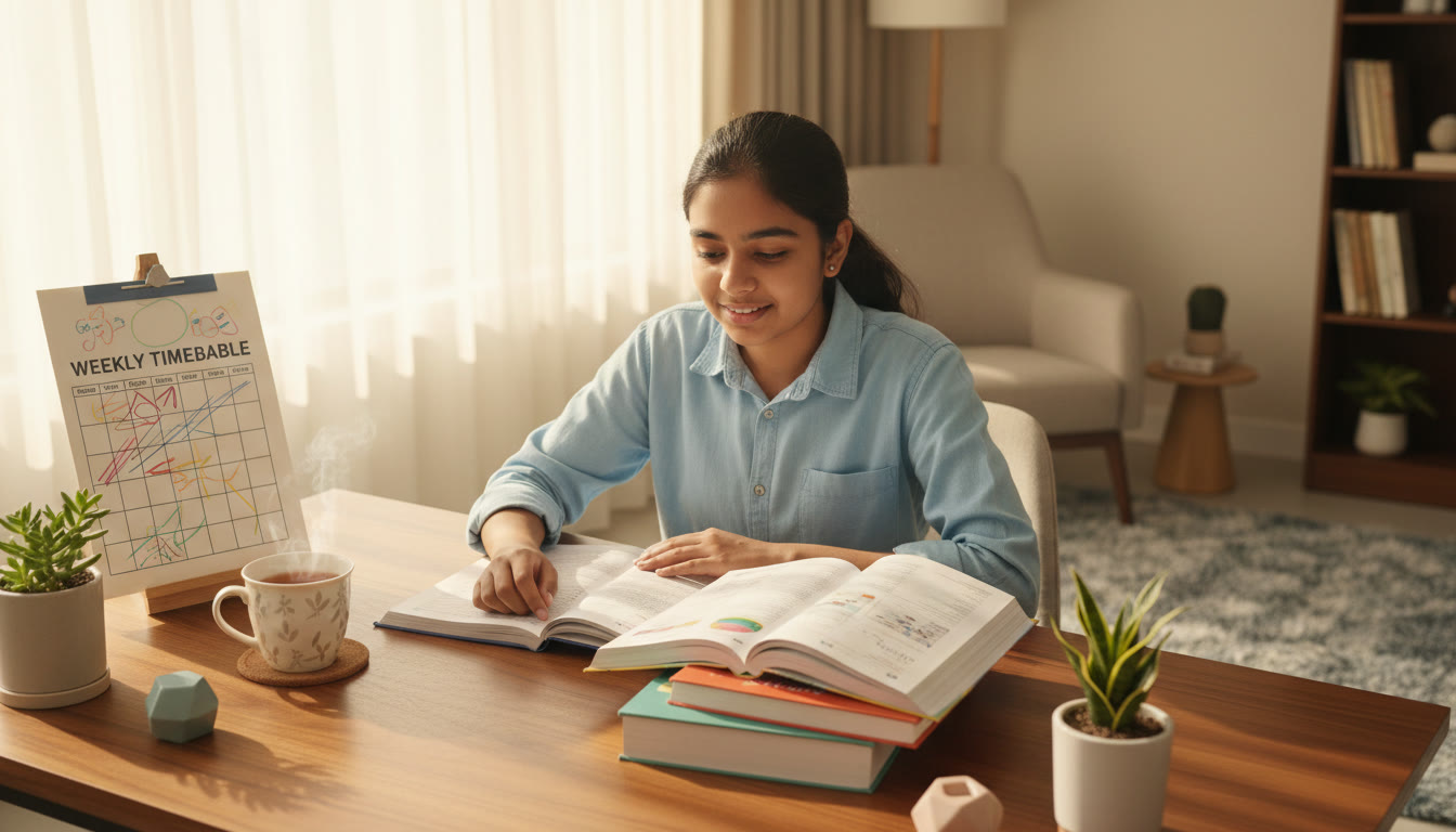 Photo Idea : A focused student at a desk with open CBSE textbooks, a neat timetable, and a cup of tea