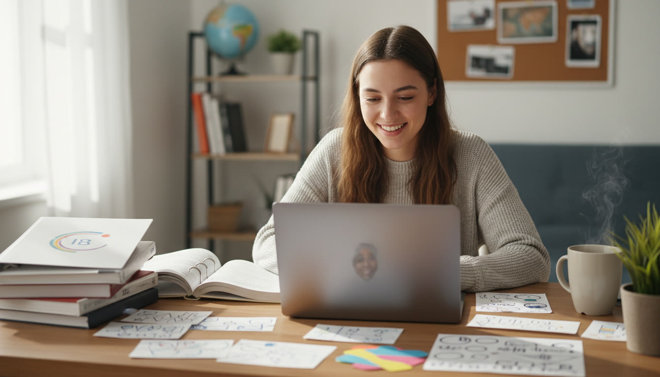 Photo Idea : A student practicing a university interview online with notes and a laptop