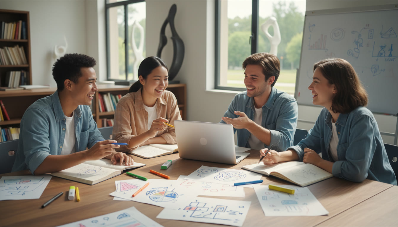 Photo Idea : A small group of students planning around a table with notebooks, a laptop, and sketches