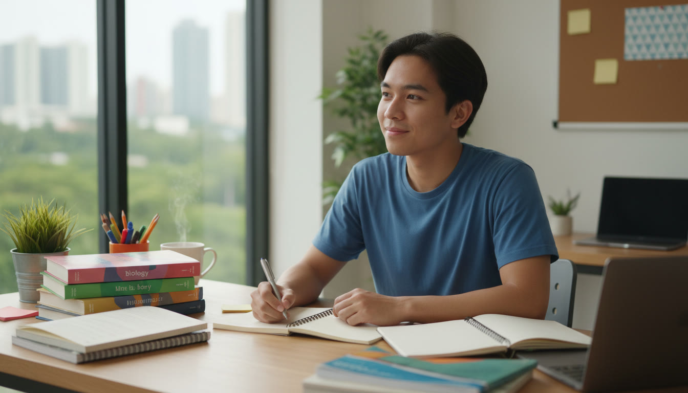 Photo Idea : An IB student at a tidy desk surrounded by notebooks and subject guides, looking thoughtful while writing in a notebook