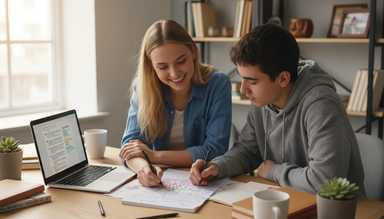 Photo Idea : A tutor and student discussing a handwritten essay draft with colorful annotations and a laptop showing feedback