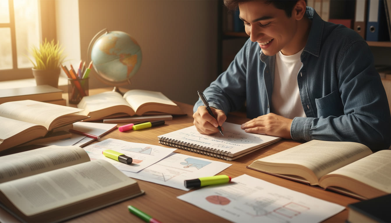 Photo Idea : A student writing notes in a notebook titled “Extended Essay ideas” with open books around