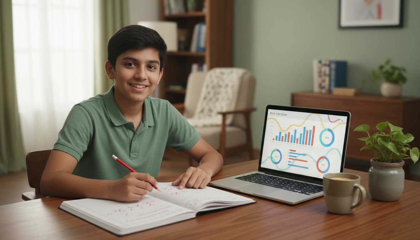 Photo Idea : A student marking errors in a notebook with a laptop open to a mock-test score dashboard.