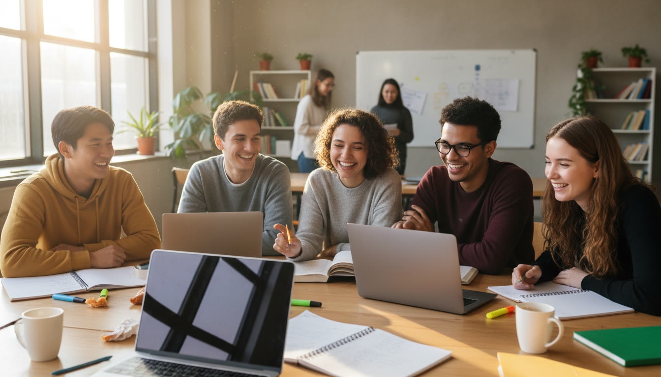Photo Idea : A diverse group of IB students around a table reviewing subject choices with notebooks and laptops