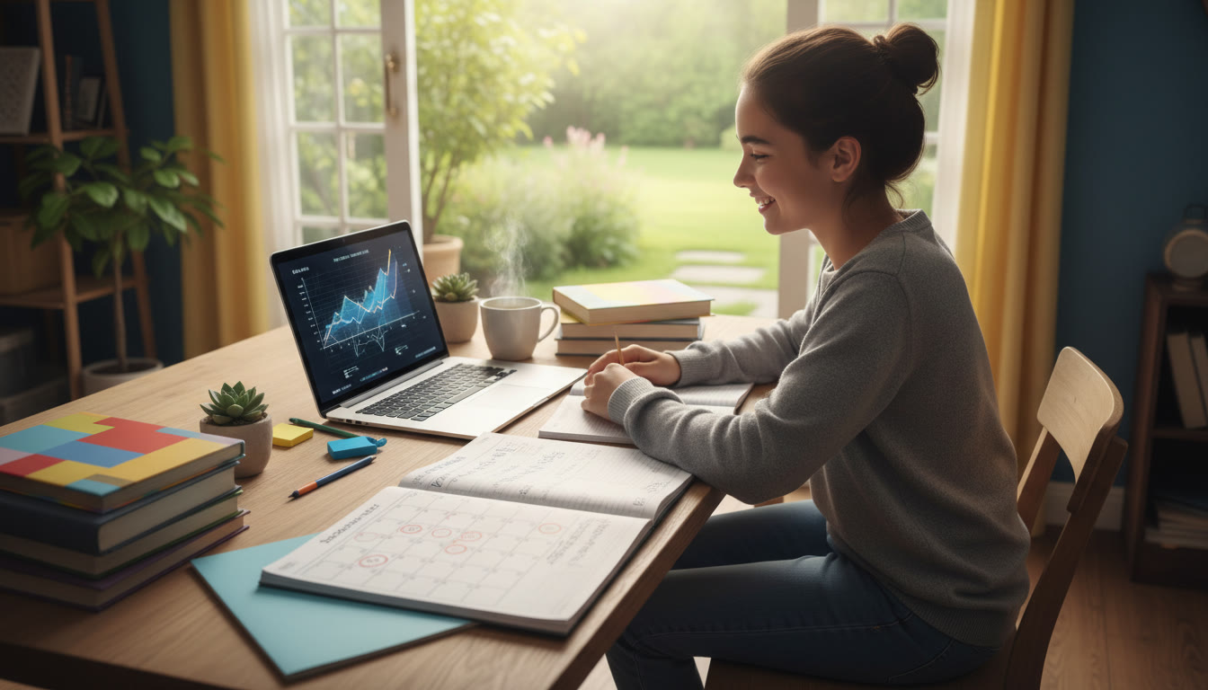 Photo Idea : Student at a desk with IB notes, laptop, and a calendar showing exam dates