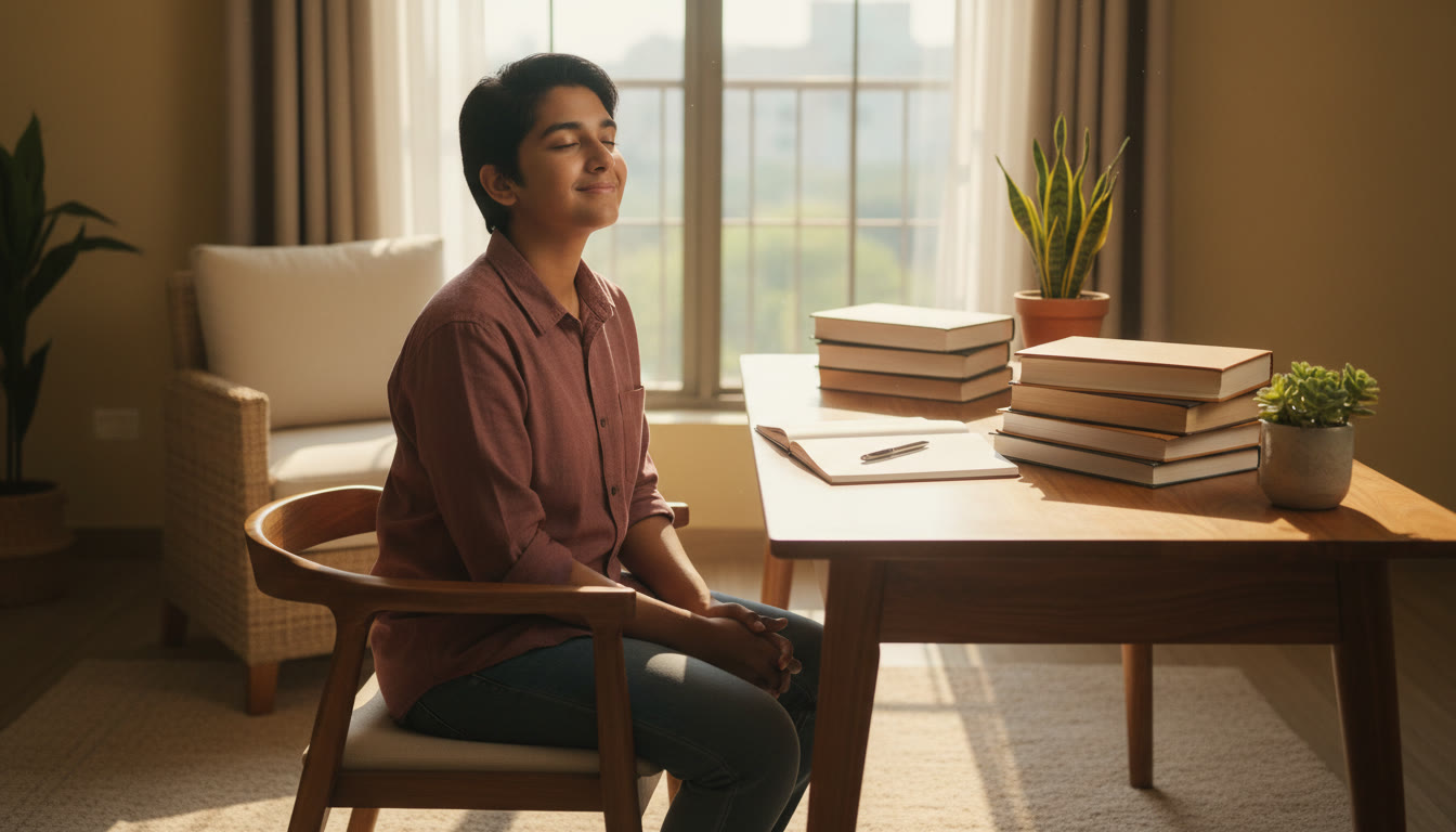 Photo Idea : A student taking a quiet five-minute break at a sunlit desk with books neatly stacked