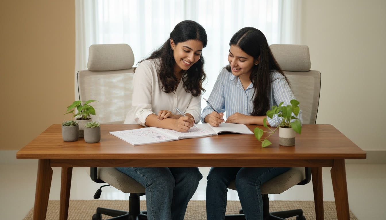 Photo Idea : A tutor and a student reviewing a marked answer booklet together at a study table