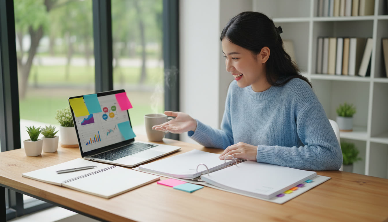 Photo Idea : Student at a tidy desk with notebook, laptop, colored sticky notes and an open binder labeled IA/EE/TOK planning