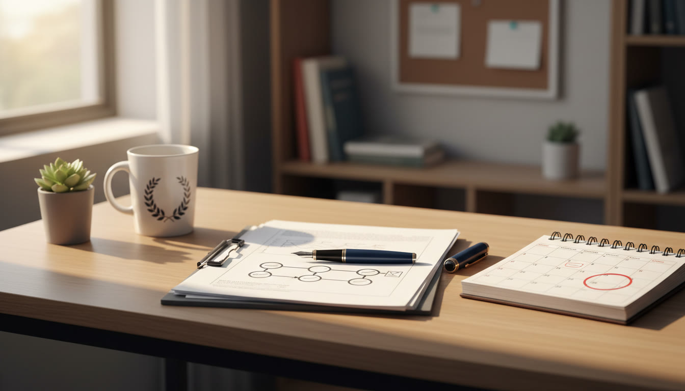 Photo Idea : A tidy desk with a printed recommendation packet, a pen, and a calendar showing a deadline